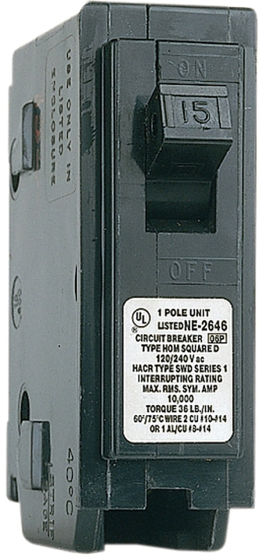 Square D Homeline HOM115CP Circuit Breaker, Mini, 15 A, 1-Pole, 120 V, Fixed Trip, Plug, Black