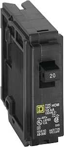 Square D Homeline HOM120CP Circuit Breaker, Mini, 20 A, 1-Pole, 120 V, Fixed Trip, Plug, Black