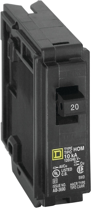 Square D Homeline HOM120CP Circuit Breaker, Mini, 20 A, 1-Pole, 120 V, Fixed Trip, Plug, Black