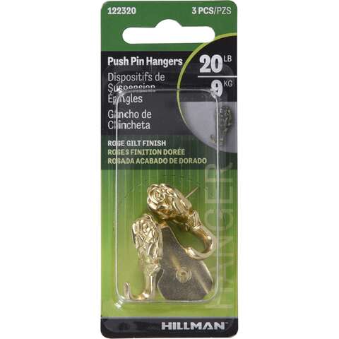 HILLMAN Gilt Gold Push Pin Picture Hook 20 lb 3 pk, Pack of 10