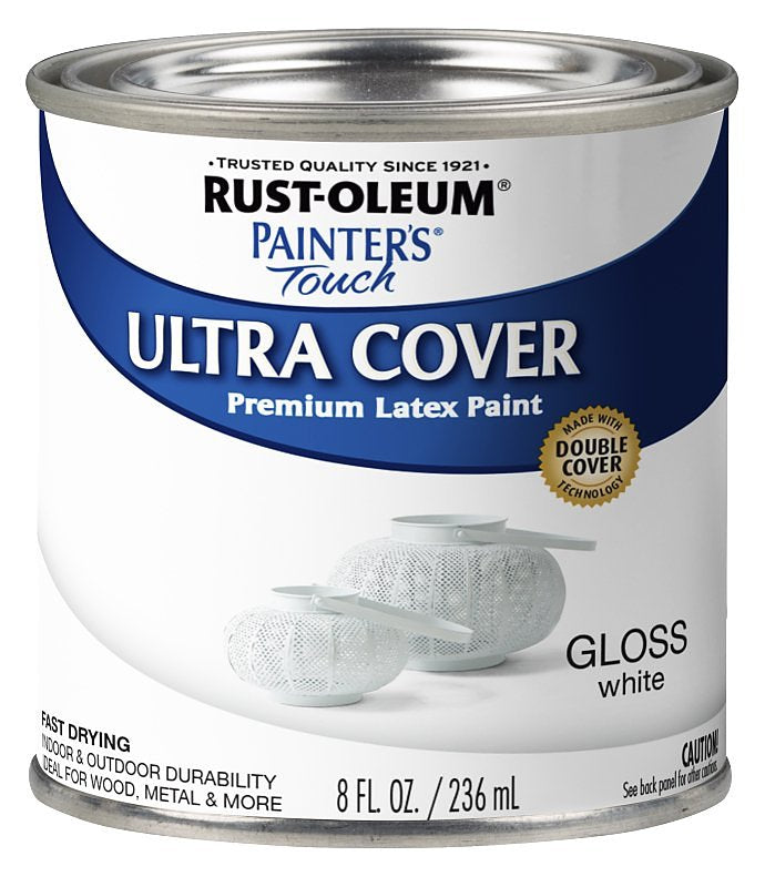 Rust-Oleum 1992730 Enamel Paint, Water Base, Gloss Sheen, White, 0.5 pt, Can, 120 sq-ft Coverage Area