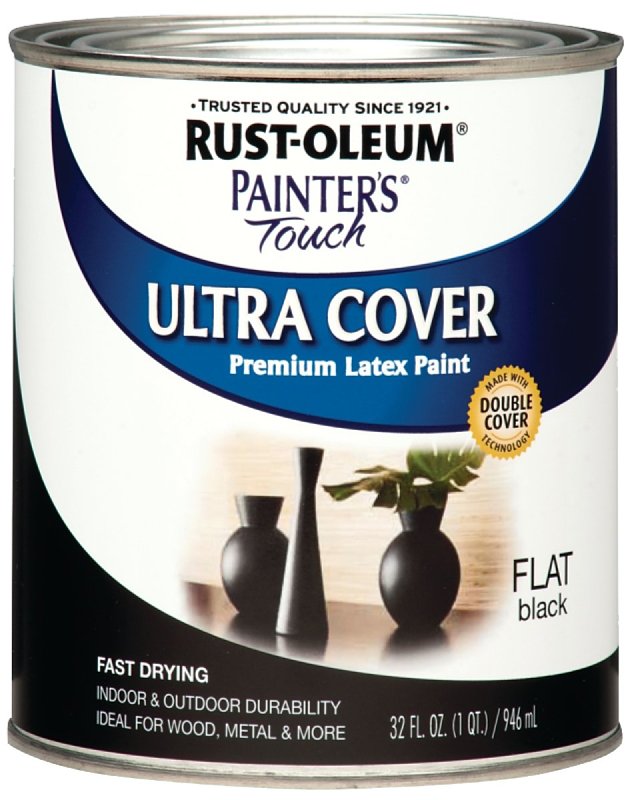 Rust-Oleum 1976502 Enamel Paint, Water Base, Flat Sheen, Black, 1 qt, Can, 120 sq-ft Coverage Area