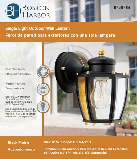 Boston Harbor HV-66961-BK Outdoor Wall Lantern, 120 V, 60 W, Steel Fixture, Black Fixture