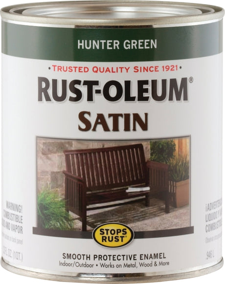Rust-Oleum 7732502 Enamel Paint, Satin Sheen, Hunter Green, 1 qt, Can, 60 to 100 sq-ft/qt Coverage Area