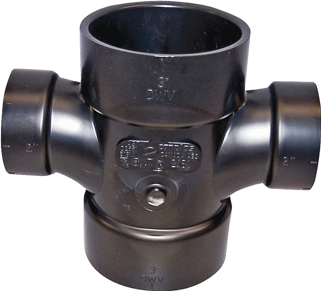 Canplas 102181BC Reducing Double Sanitary Pipe Tee, 3 x 2 in, Hub, ABS, Black