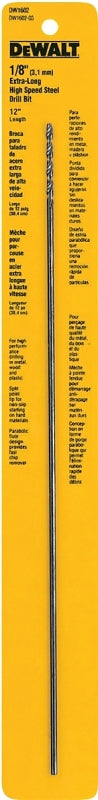 DEWALT DW1602 Drill Bit, 1/8 in Dia, 12 in OAL, Extended Length, Spiral Flute, 1/8 in Dia Shank, Round Shank