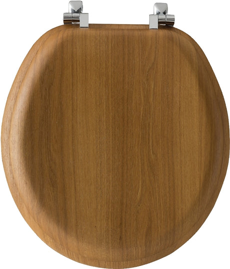 Bemis 9601CP 378 Traditional Toilet Seat, Round, Wood, Natural Oak, Chrome Hinge