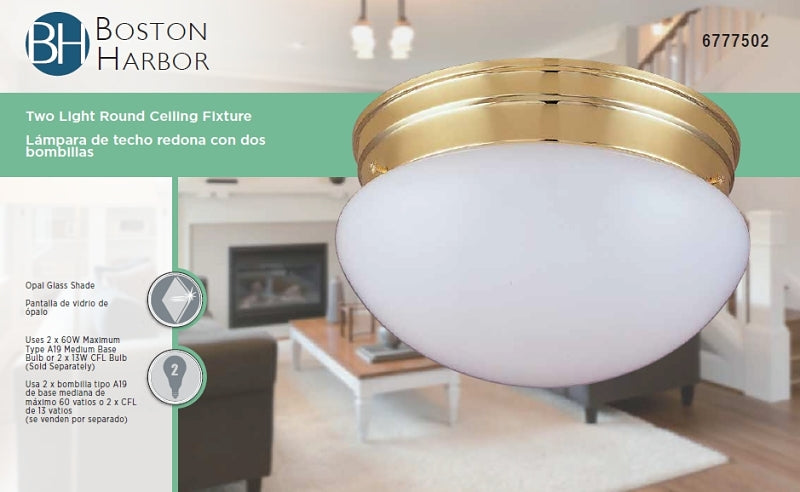 Boston Harbor F14BB02-8005-3L Two Light Round Ceiling Fixture, 120 V, 60 W, 2-Lamp, A19 or CFL Lamp