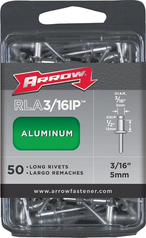 Arrow RLA3/16IP Pop Rivet, Long, 1/2 in Grip, 1/2 in L, Aluminum, 50/PK