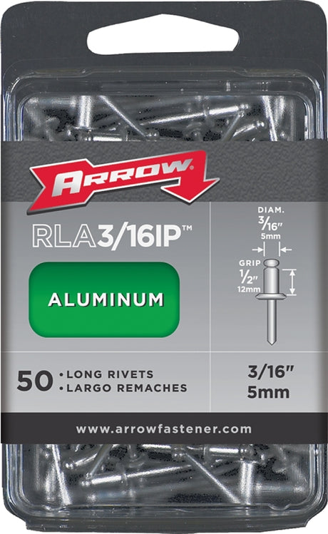 Arrow RLA3/16IP Pop Rivet, Long, 1/2 in Grip, 1/2 in L, Aluminum, 50/PK