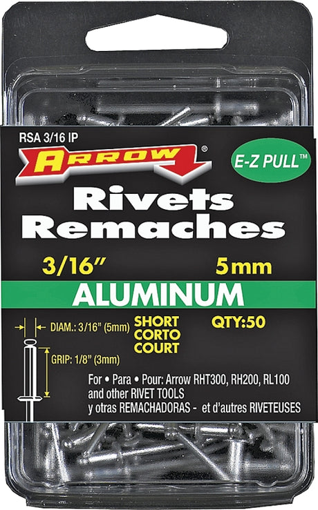 Arrow RSA3/16IP Pop Rivet, Short, 1/8 in Grip, 1/8 in L, Aluminum, Gray