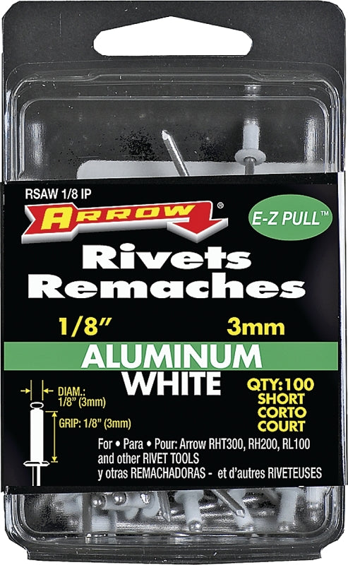 Arrow RSAW1/8IP Pop Rivet, Short, 1/8 in Grip, 1/8 in L, Aluminum, White