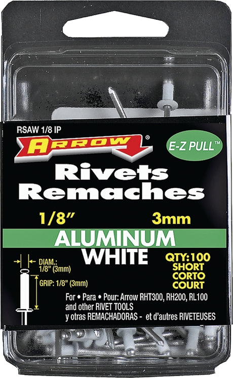 Arrow RSAW1/8IP Pop Rivet, Short, 1/8 in Grip, 1/8 in L, Aluminum, White