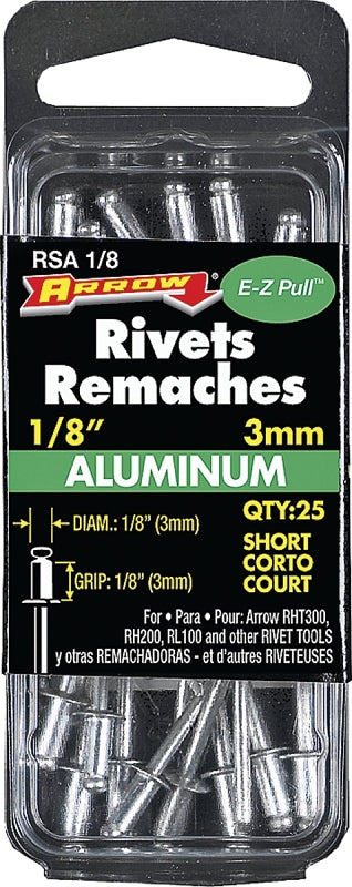 Arrow RSA1/8 Pop Rivet, Short, 1/8 in Grip, 1/8 in L, Aluminum
