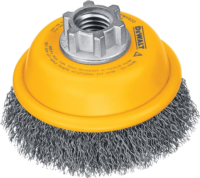 DEWALT DW4920 Wire Cup Brush, 3 in Dia, 5/8-11 Arbor/Shank, 0.014 in Dia Bristle, 13/16 in L Bristle Trim