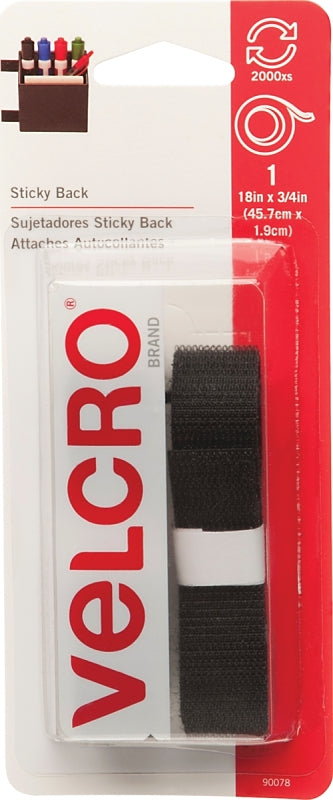 VELCRO Brand 90078 Fastener, 3/4 in W, 18 in L, Nylon, Black, Rubber Adhesive