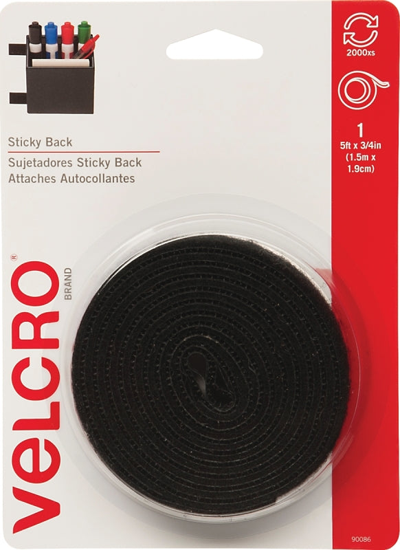 VELCRO Brand 90086 Fastener, 3/4 in W, 5 ft L, Nylon, Black, 5 lb, Rubber Adhesive