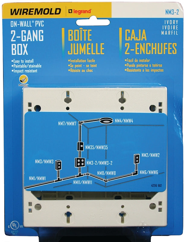 Wiremold NM NM3-2 Outlet Box, 2 -Gang, 0 -Knockout, Plastic, Ivory, Wall Mounting