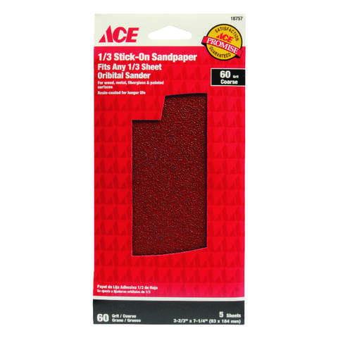 Ace 7-1/4 in. L X 3-2/3 in. W 60 Grit Aluminum Oxide Sandpaper 5 pk, Pack of 5