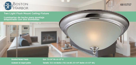 Boston Harbor F51WH02-1005-BN Two Light Flush Mount Ceiling Fixture, 120 V, 60 W, 2-Lamp, A19 or CFL Lamp