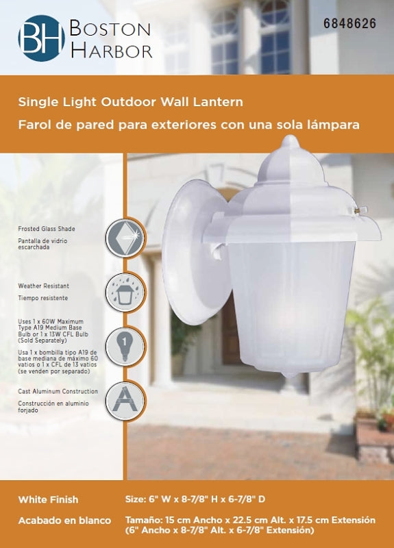 Boston Harbor AL9002H-43L Outdoor Wall Lantern, 120 V, 60 W, A19 or CFL Lamp, Aluminum Fixture, White