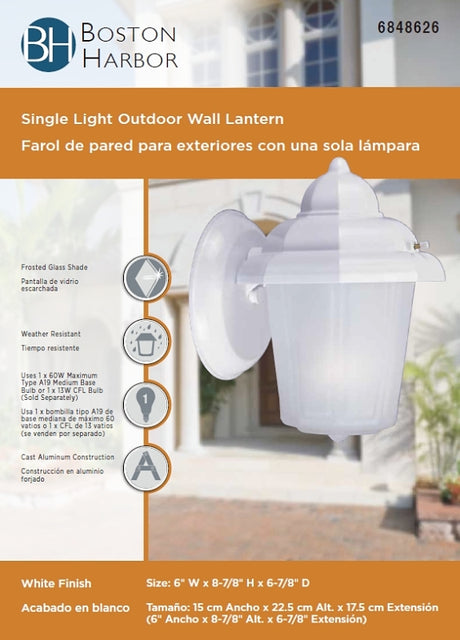 Boston Harbor AL9002H-43L Outdoor Wall Lantern, 120 V, 60 W, A19 or CFL Lamp, Aluminum Fixture, White