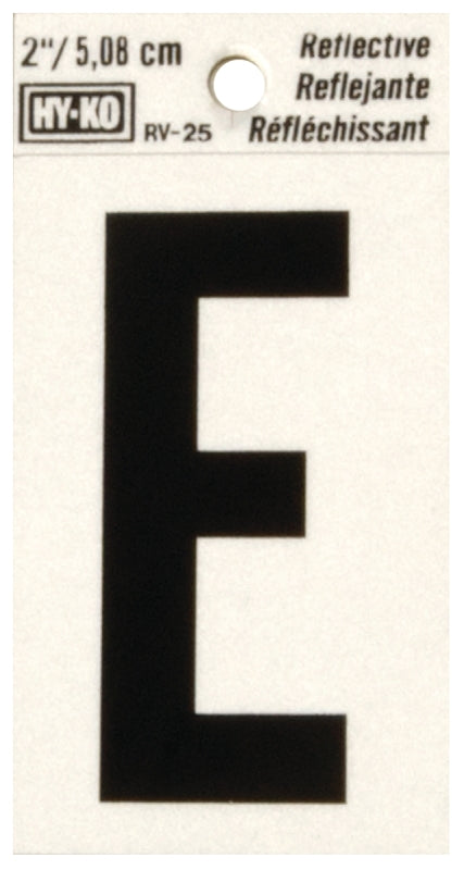 Hy-Ko RV-25/E Reflective Letter, Character: E, 2 in H Character, Black Character, Silver Background, Vinyl, Pack of 10