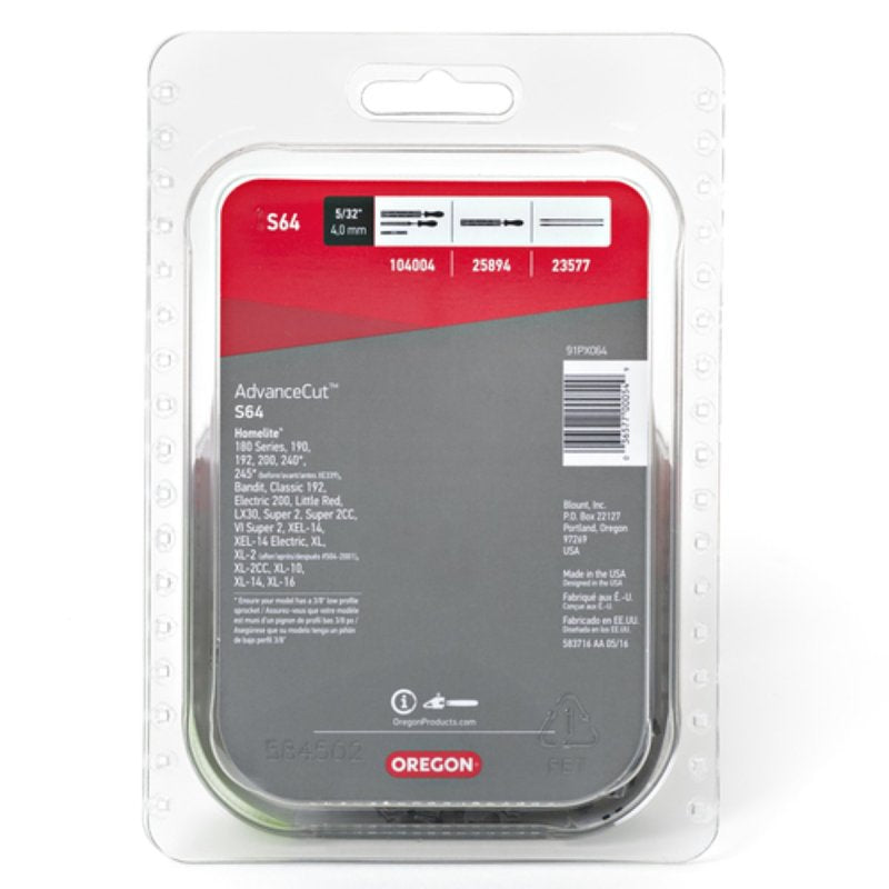 Oregon S64 Chainsaw Chain, 18 in L Bar, 0.05 in, 3/8 in TPI/Pitch, 64-Link
