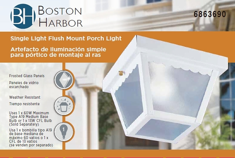 Boston Harbor 6276WH-3L Porch Light, 120 V, 60 W, Steel Fixture, White Fixture