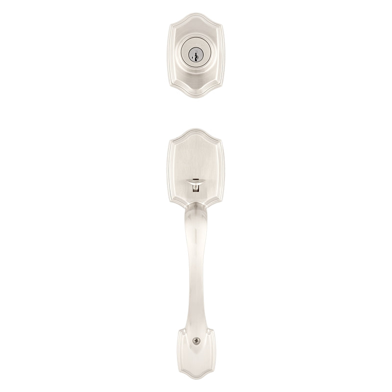 Kwikset 96870-099 Handleset, 3 Grade, Brass, Satin Nickel, 2-3/8 x 2-3/4 in Backset, KW1 Keyway, 1-3/4 in Thick Door