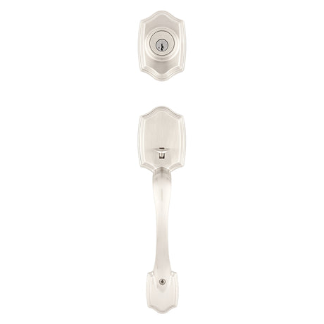 Kwikset 96870-099 Handleset, 3 Grade, Brass, Satin Nickel, 2-3/8 x 2-3/4 in Backset, KW1 Keyway, 1-3/4 in Thick Door