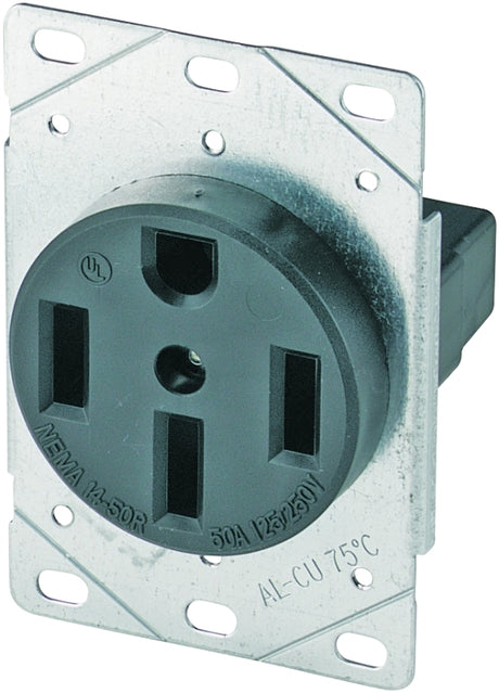 Eaton Cooper Wiring 1258-SP Power Receptacle, 3 -Pole, 125/250 V, 50 A, NEMA: NEMA 14-50R, Black