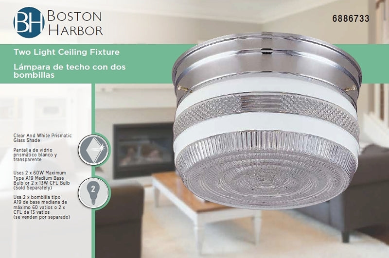 Boston Harbor F14CH02-80023L Two Light Ceiling Fixture, 120 V, 60 W, 2-Lamp, A19 or CFL Lamp, Chrome Fixture