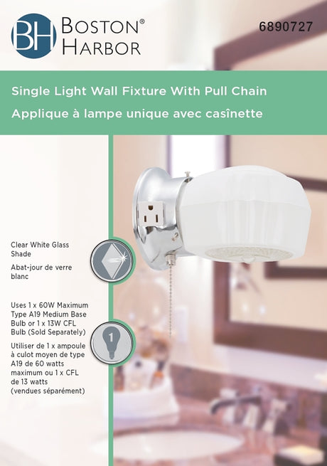 Boston Harbor W39CH01LS-34473L Bracket Wall Light Fixture, 60 W, 1-Lamp, A19 or CFL Lamp, Steel Fixture, Chrome Fixture