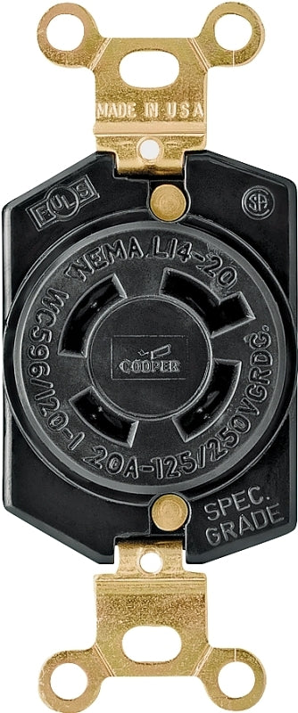 Eaton Wiring Devices L1420R Single Receptacle, Flush Mounting, 3-Pole, 125/250 V, 20 A, Back and Side Wiring, Black