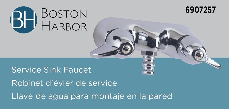Boston Harbor RS207 Bath Faucet, 2-Handle, Lever Handle, Brass, Chrome Plated, Wall Mounting, Round Spout