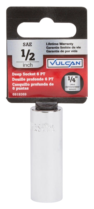 Vulcan MT6487730 Drive Socket, 1/2 in Socket, 1/4 in Drive, 6-Point, Chrome Vanadium Steel, Chrome