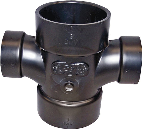 Canplas 102188BC Reducing Double Sanitary Pipe Tee, 2 x 1-1/2 in, Hub, ABS, Black