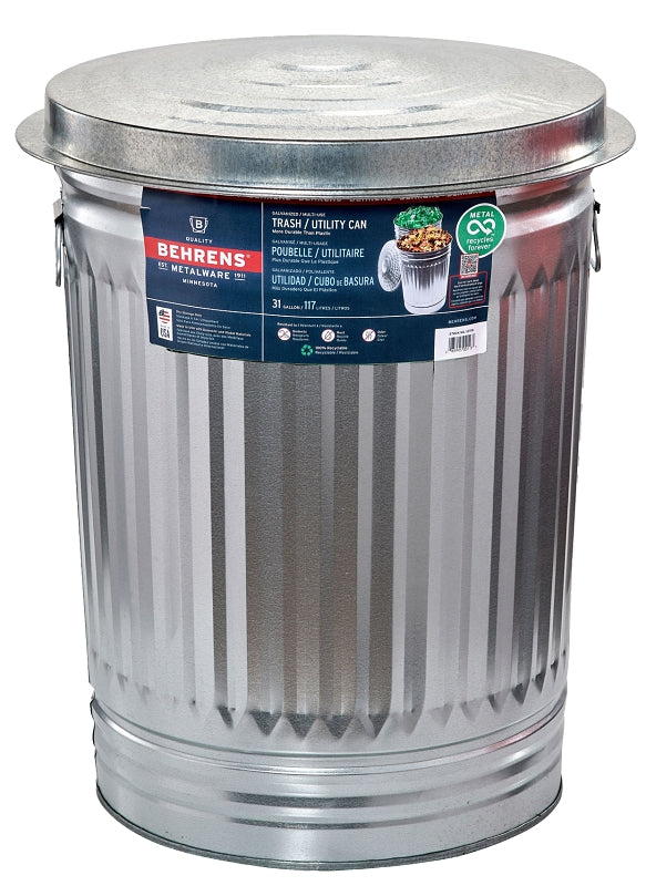 Behrens 1270 Trash Can, 31 gal, Steel, Silver