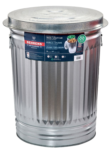 Behrens 1270 Trash Can, 31 gal, Steel, Silver