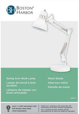 Boston Harbor TL-WK-134E-WH-3L Swing Arm Work Lamp, 120 V, 60 W, 1-Lamp, A19 or CFL Lamp, White