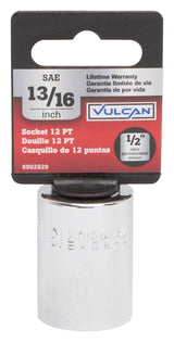 Vulcan MT6517437 Drive Socket, 13/16 in Socket, 1/2 in Drive, 12-Point, Chrome Vanadium Steel, Chrome