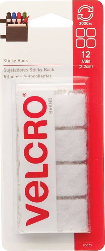 VELCRO Brand 90073 Fastener, 7/8 in W, 7/8 in L, Nylon, White, Rubber Adhesive