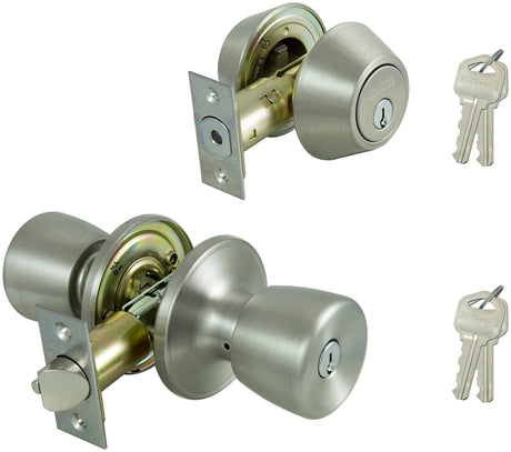 ProSource BS6B1-PS Deadbolt and Entry Lockset, Turnbutton Lock, Knob Handle, Tulip Design, Stainless Steel, 3 Grade, Pack of 2