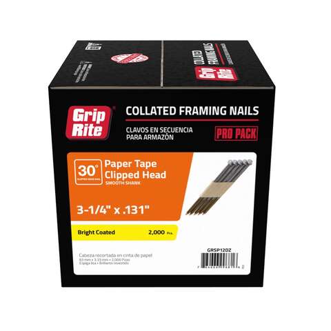 Grip-Rite 3-1/4 in. L X 11 Ga. Angled Strip Bright Framing Nails 30 deg 2000 pk