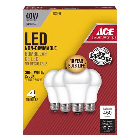 Ace A19 E26 (Medium) LED Bulb Soft White 40 Watt Equivalence 4 pk, Pack of 6