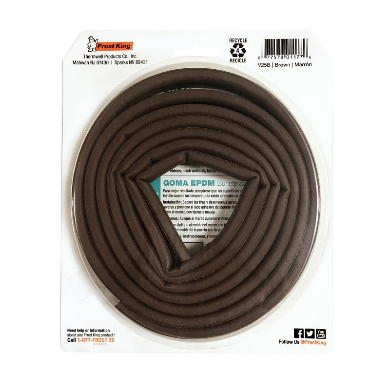 Frost King V25BA Weatherseal, 5/16 in W, 17 ft L, EPDM Rubber, Brown