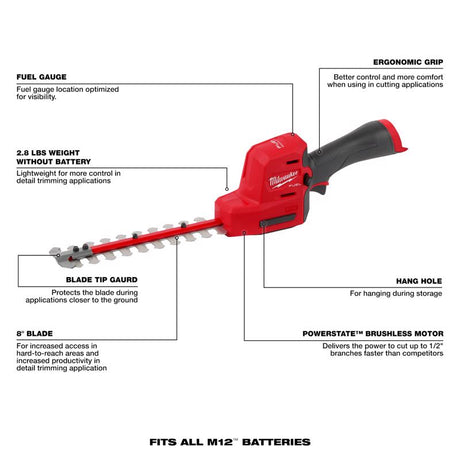 Milwaukee M12 FUEL 2533-20 8 in. 12 V Battery Hedge Trimmer Tool Only