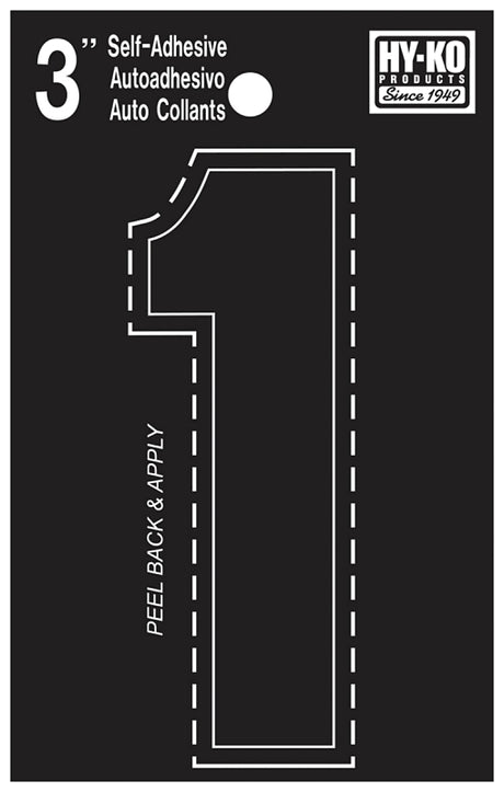 Hy-Ko 30400 Series 30401 Die-Cut Number, Character: 1, 3 in H Character, Black Character, Vinyl, Pack of 10