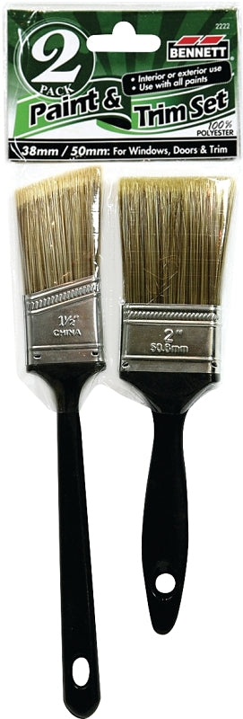 Bennett 2222 Paint Brush Set, Includes: 2 in, 1-1/2 in Plastic Handle Brushes, 2-Brush